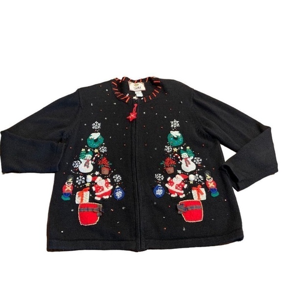 Tiara International Women’s Zip Front Christmas Santa Tree Cardigan Sweater M - Picture 1 of 10